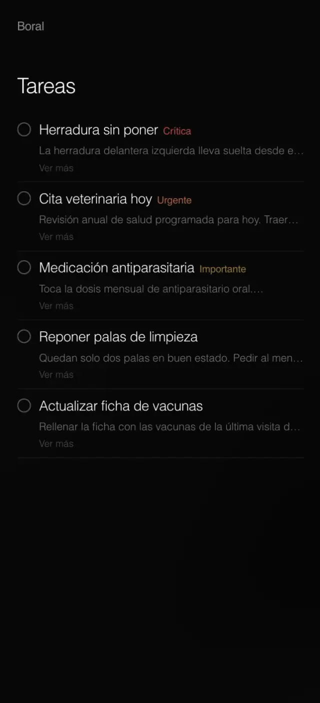 Boral task list with critical, urgent and important alerts for the riding centre.