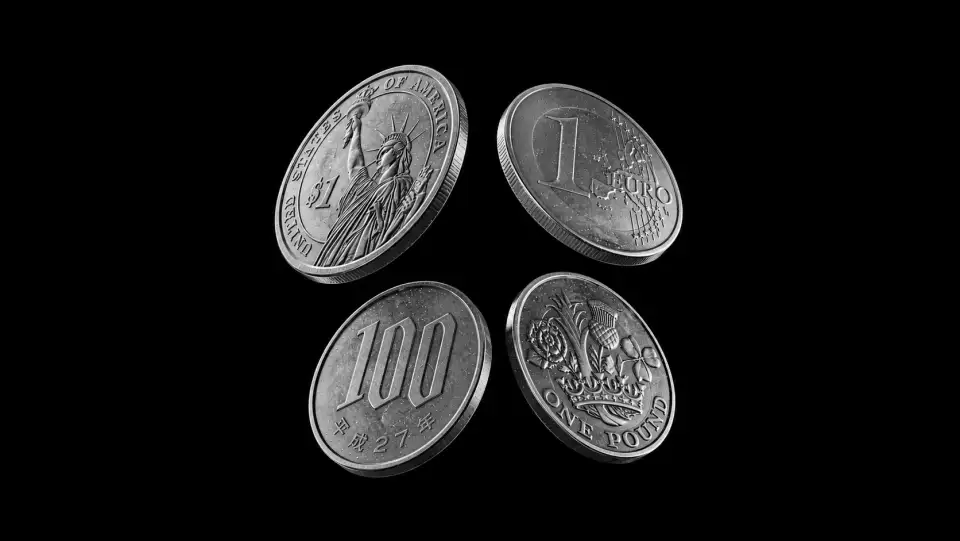 Floating coins representing multiple currencies